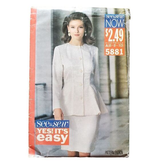 Vintage 90s Butterick Pattern 5881 Uncut Top Fit Flare Skirt Straight 6 8 10 - Picture 2 of 4